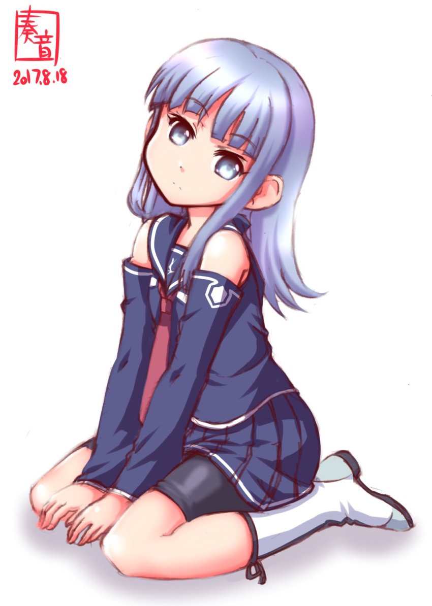 1girl, aoki_hagane_no_arpeggio, artist_logo, bike_shorts, blue_eyes, blue_hair, blue_skirt, blunt_bangs