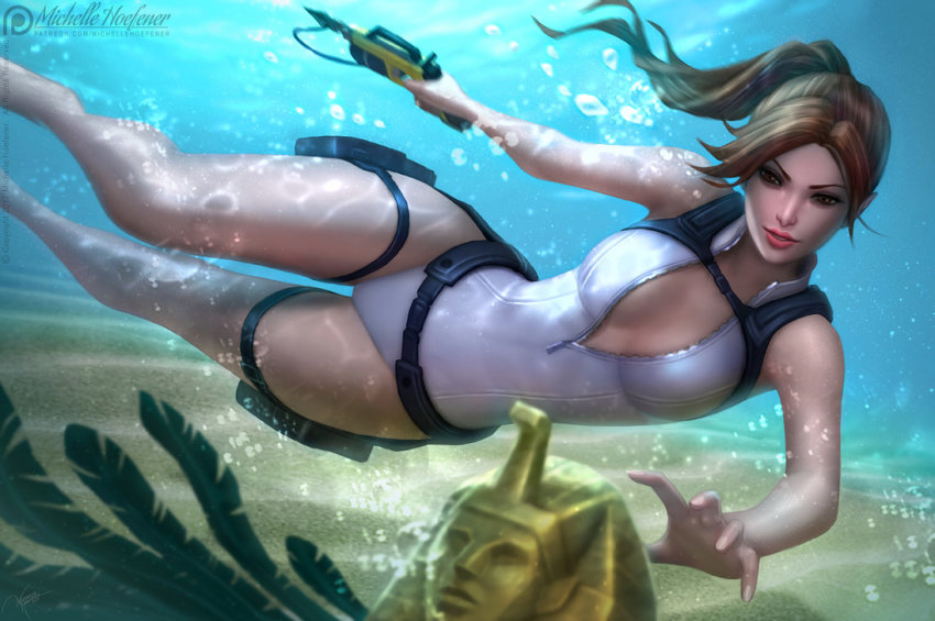 1girl, barefoot, breasts, brown_eyes, brown_hair, cleavage, curvy, female_focus, gold, holding, holding_weapon, lara_croft, large_breasts, legs, light, long_hair, michelle_hoefener, one-piece_swimsuit, ponytail, solo, swimsuit, tank_top, tomb_raider, underwater, water, watermark, weapon