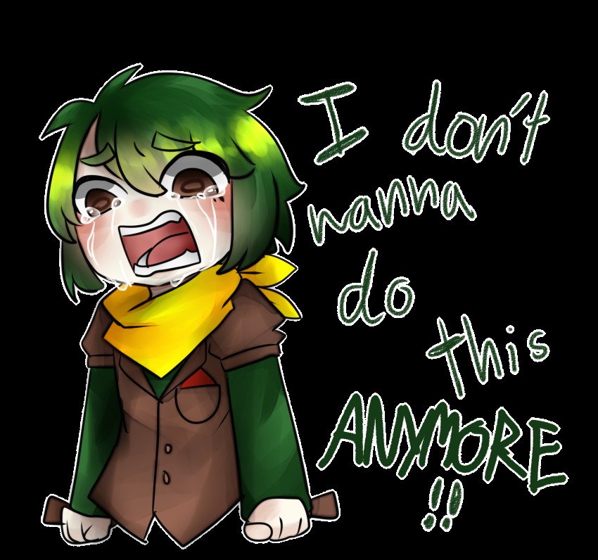 1girl, brown_eyes, clenched_hands, crying, crying_with_eyes_open, don't_hug_me_i'm_scared, duck_(dhmis), english_text, female_focus, genderswap, genderswap_(mtf), green_hair, highres, personification, solo, tears, text_focus, transparent_background