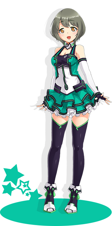 1girl, aozora_under_girls!, blush, brown_hair, dress, female_focus, looking_at_viewer, natsume_fuuri, official_art, short_hair, smile, solo, standing, star_(symbol), yellow_eyes