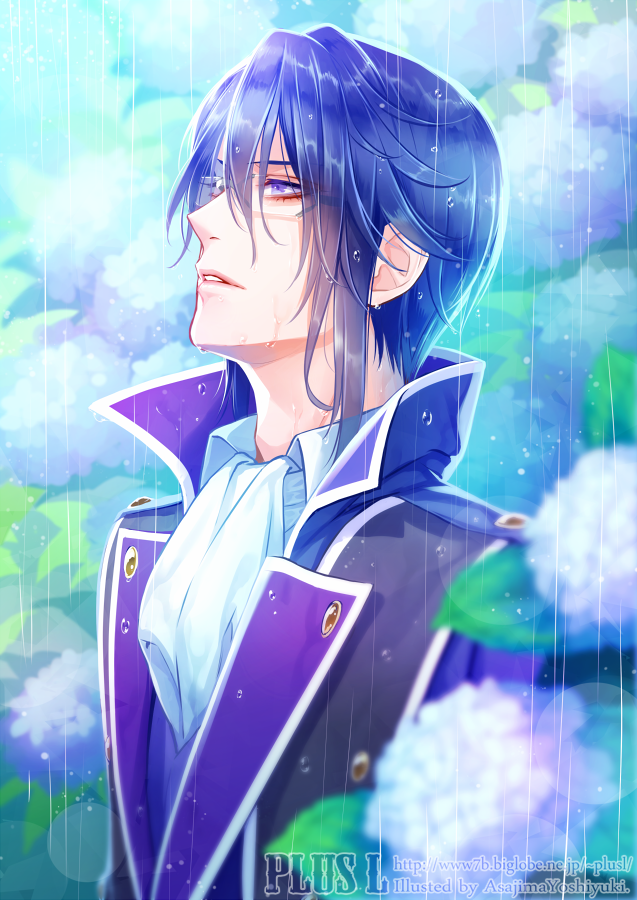 10s, 1boy, artist_name, asajima_yoshiyuki, blue_eyes, blue_hair, bow, flower