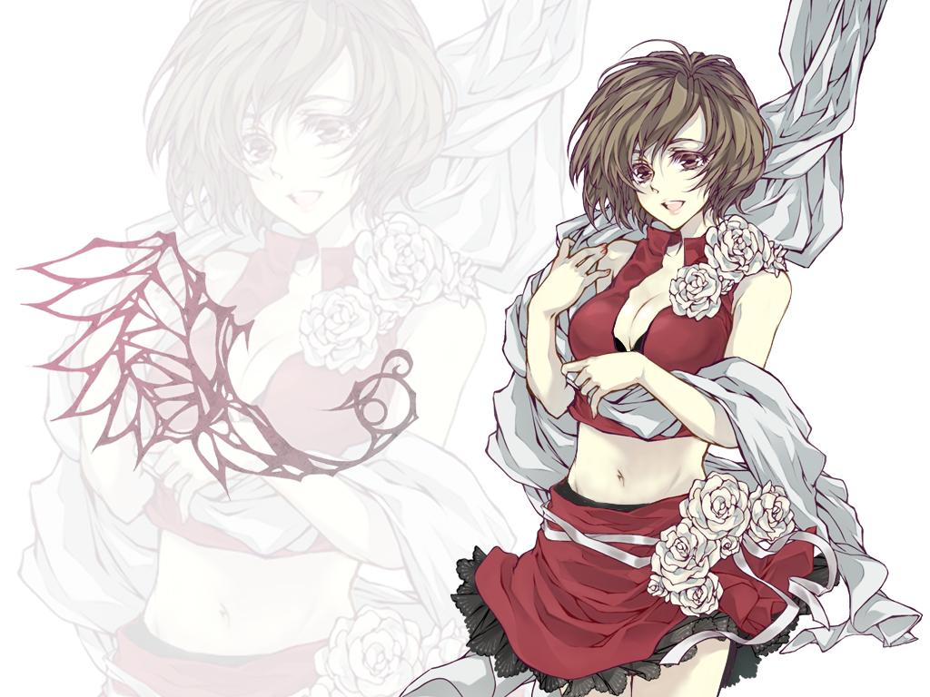 1girl, bad_id, bad_pixiv_id, breasts, cleavage, female_focus, flower, meiko_(vocaloid)