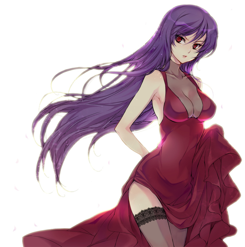 00s, 1girl, bad_id, bad_pixiv_id, breasts, cleavage, clothes_lift, dress, dress_lift, female_focus, genderswap, genderswap_(mtf), gundam, gundam_00, long_hair, purple_hair, red_eyes, skirt, skirt_lift, solo, thighhighs, tieria_erde, trap, yue_(pixiv)