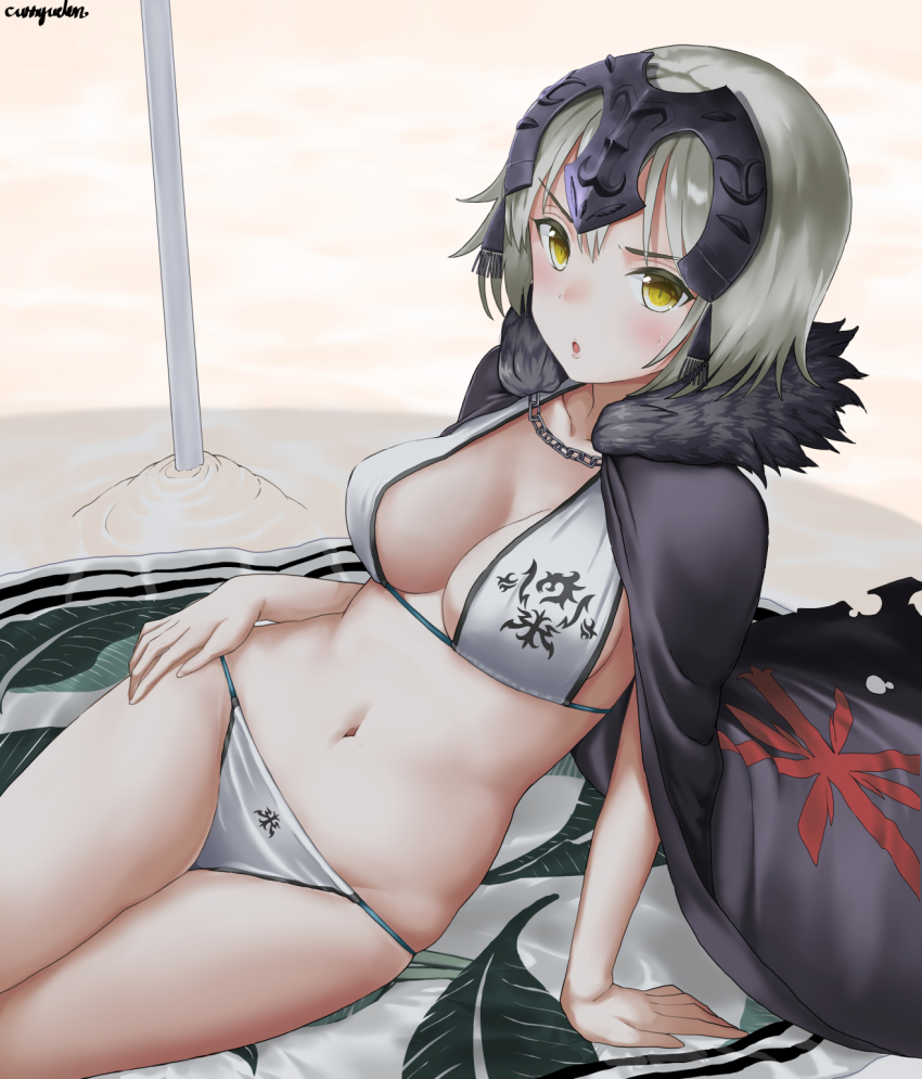 1girl, :o, arm_support, artist_name, beach, beach_towel, bikini, blush