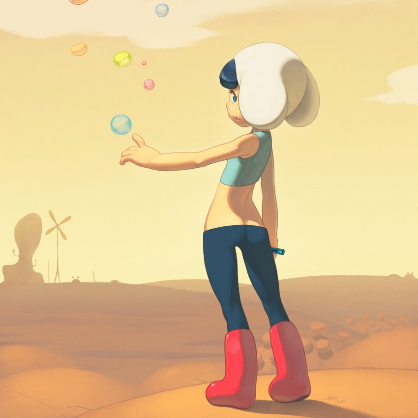 1girl, alkemanubis, ass, back, blue_eyes, blue_hair, butt_crack, chroniko, cloud, cloudy_sky, female_focus, from_behind, full_body, hat, highres, kaiba, looking_at_viewer, lowleg, lowleg_pants, midriff, open_mouth, pants, shadow, shoes, signature, sky, solo, windmill