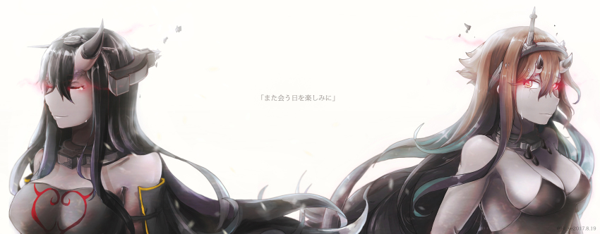 2girls, abyssal_ship, asymmetrical_horns, battleship_hime_(cosplay), battleship_princess, battleship_water_oni, battleship_water_oni_(cosplay), black_dress