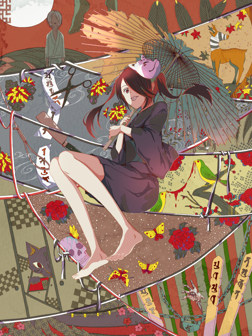 1boy, 1girl, :p, bad_id, bad_pixiv_id, bare_legs, barefoot, bird, black_cat, black_kimono, blood, blood_on_scissors, broken_umbrella, bug, butcher_knife, butterfly, cat, chain, commentary, deer, ein_(spike_ein), faceless, faceless_male, feet, flower, flower_request, fox_mask, full_body, full_moon, hair_over_one_eye, hanged, hatsune_miku, highres, holding, holding_umbrella, insect, japanese_clothes, kimono, knife, leaf, lock, long_hair, long_sleeves, looking_at_viewer, looking_up, maple_leaf, mask, mask_on_head, moon, multicolored_background, musunde_hiraite_rasetsu_to_mukuro_(vocaloid), nail_(hardware), noose, oil-paper_umbrella, padlock, parasol, peony_(flower), red_eyes, red_flower, red_hair, red_rose, ribbon, rose, sash, scissors, shippou_(pattern), skeletal_arm, skull, sotoba, tongue, tongue_out, twintails, umbrella, vocaloid, white_kimono, wide_sleeves