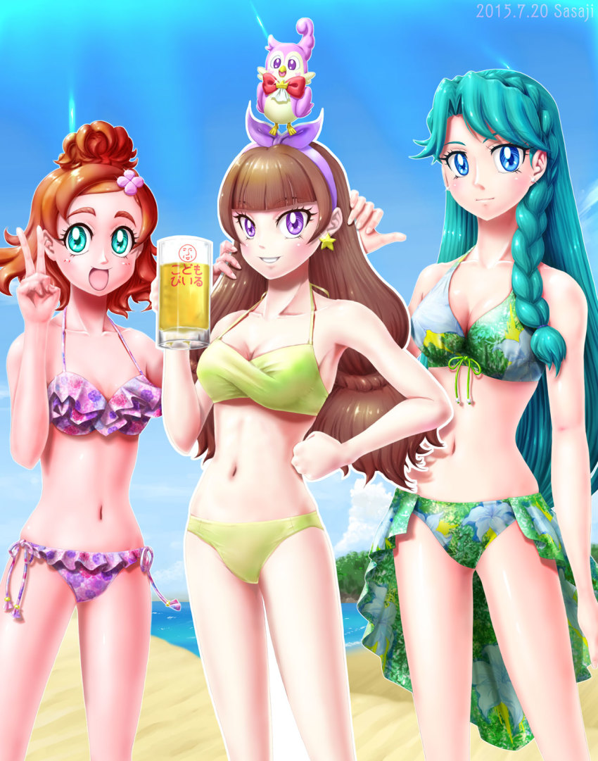 3girls, amanogawa_kirara, animal, animal_on_head, aroma_(precure), artist_name, bikini, bird