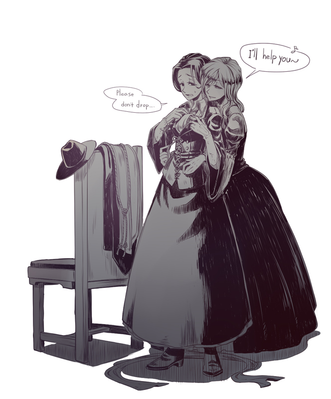 2girls, adella_the_nun, arianna_(bloodborne), black_hair, bloodborne, boots, chair, corset