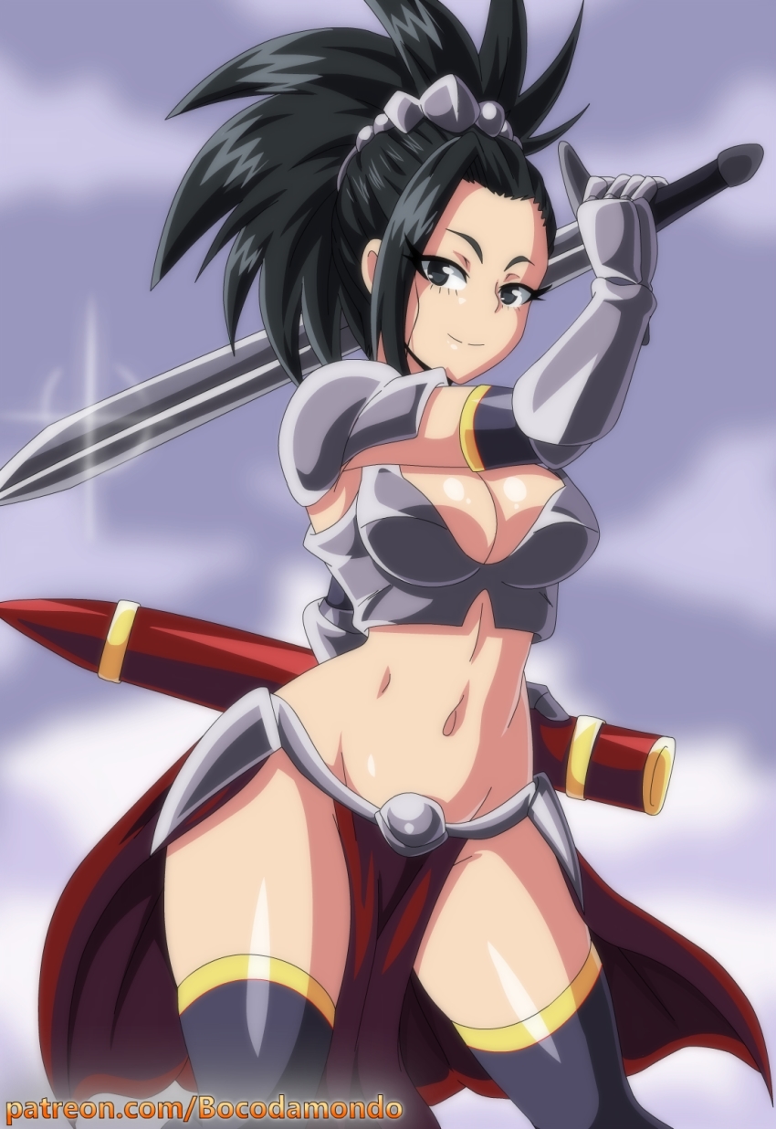 10s, 1girl, alternate_costume, armor, bikini_armor, black_eyes, black_hair, boku_no_hero_academia, boots, breastplate, breasts, cowboy_shot, elbow_gloves, fantasy, female_focus, gloves, groin, hair_ornament, highres, lewdamone, looking_at_viewer, medium_breasts, midriff, navel, pelvic_curtain, ponytail, revealing_armor, shoulder_armor, smile, solo, stomach, sword, thigh_boots, thighhighs, weapon, yaoyorozu_momo