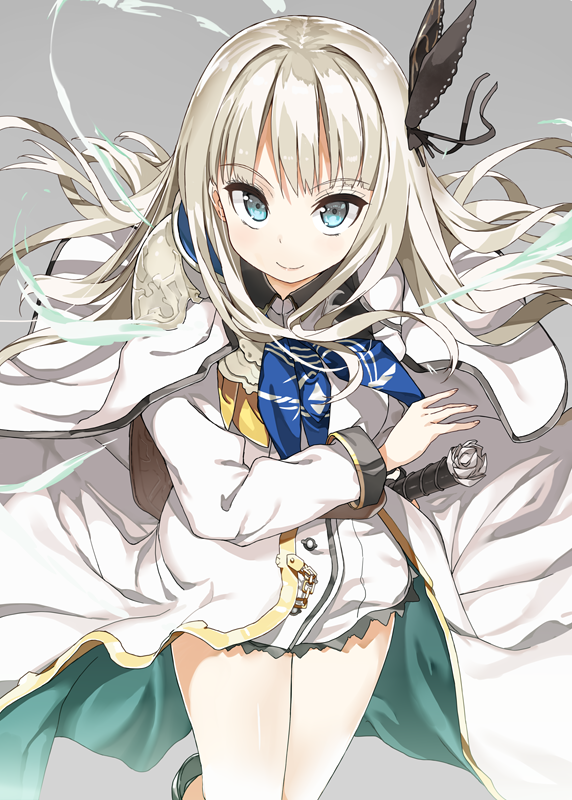 1girl, another_eden, black_bow, black_ribbon, blue_eyes, bow, capelet, closed_mouth, cowboy_shot, dress, female_focus, grey_background, hair_bow, hair_ornament, hair_ribbon, isuka_(another_eden), long_hair, long_sleeves, looking_at_viewer, nauribon, ribbon, sheath, sheathed, sidelocks, silver_hair, simple_background, smile, solo, sword, thighs, tsurime, uniform, weapon, white_dress