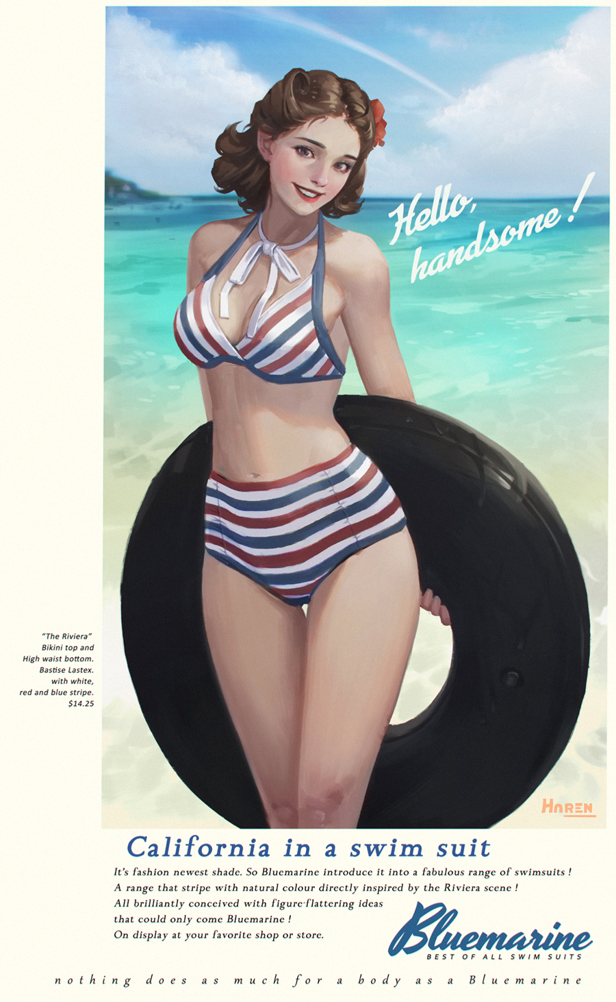 1girl, arms_behind_back, beach, bikini, blush, breasts, brown_hair, cloud