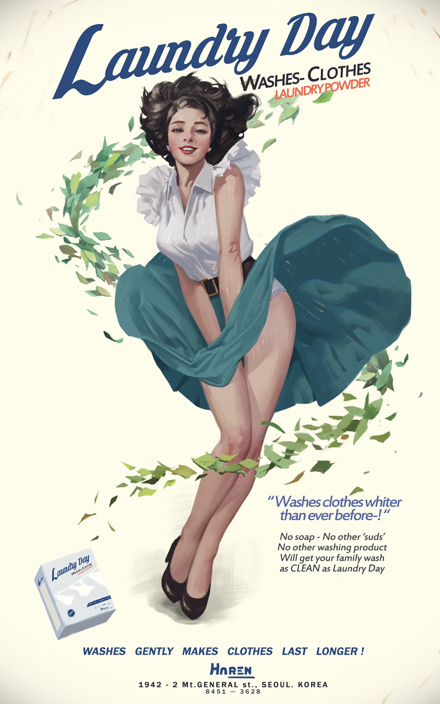 1942, 1girl, aqua_skirt, artist_name, bare_legs, belt, black_belt, black_hair