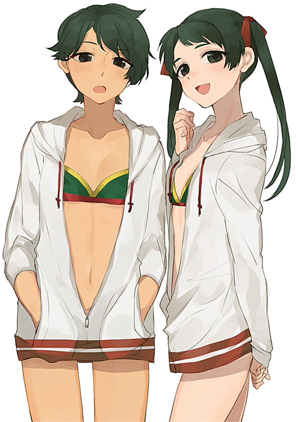 10s, 2girls, :d, bikini, black_eyes, black_hair, collarbone, green_bikini