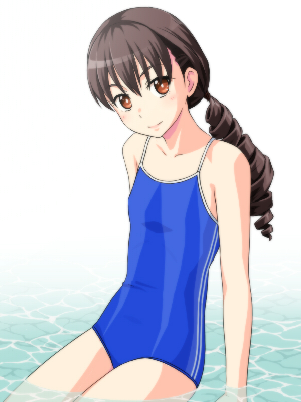 1girl, blue_one-piece_swimsuit, brown_eyes, brown_hair, commentary_request, competition_school_swimsuit, drill_hair, female_focus, flat_chest, isuzu_kokomi, long_hair, looking_at_viewer, low_twintails, one-piece_swimsuit, partially_submerged, reco_love, satochi, school_swimsuit, smile, solo, swimsuit, twin_drills, twintails, water