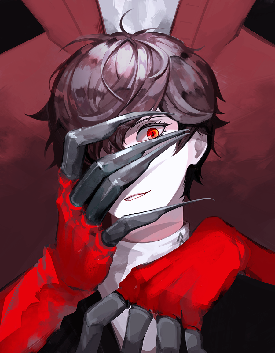 10s, ahoge, amamiya_ren, arsene_(persona_5), bad_id, bad_pixiv_id, black_hair, claws, eyelashes, hair_over_one_eye, hand_on_another's_face, looking_at_viewer, male_focus, messy_hair, no_eyewear, one_eye_covered, persona, persona_5, red_eyes, smile, totu