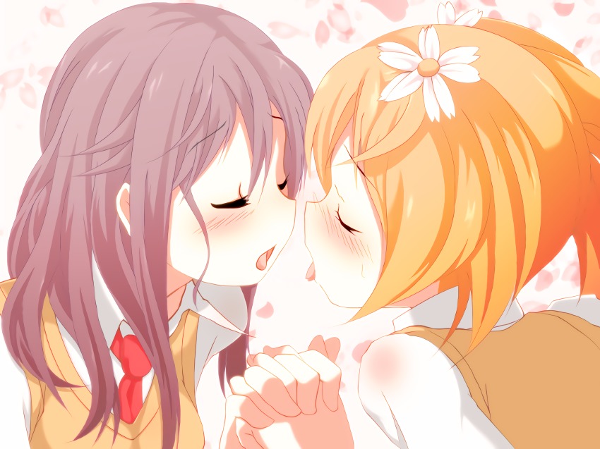 2girls, absurdres, after_kiss, blonde_hair, blush, closed_eyes, couple, flower