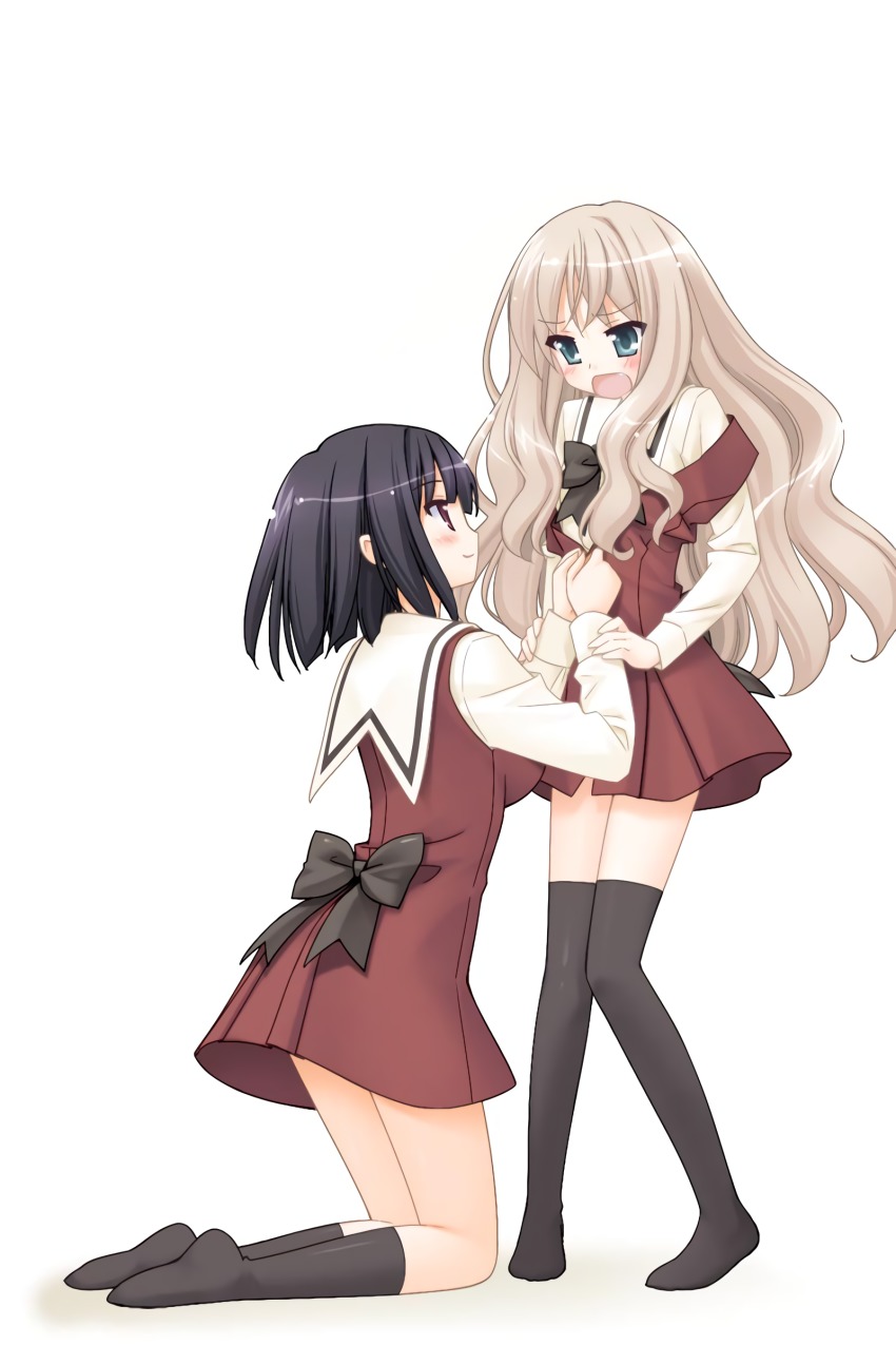 2girls, absurdres, black_hair, blonde_hair, blush, couple, fuguriya_(monoton), green_eyes, highres, kawamura_reo, long_hair, multiple_girls, official_art, open_mouth, purple_eyes, sawaguchi_mai, school_uniform, short_hair, skirt, socks, sono_hanabira_ni_kuchizuke_wo, surprised, thighhighs, thighs, tsundere, yuri