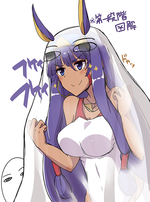>:), 1girl, ancient_egyptian, bed_sheet, blue_eyes, blush, breasts, closed_mouth