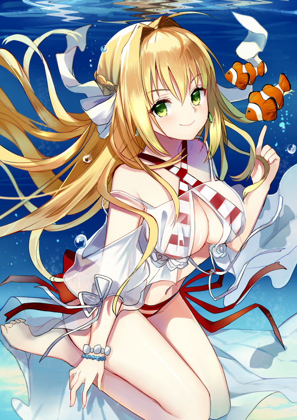 1girl, :d, ahoge, air_bubble, arm_at_side, bare_shoulders, barefoot, beach, bikini, blonde_hair, braid, breasts, bubble, cleavage, closed_mouth, clothing_cutout, clownfish, commentary_request, cowboy_shot, criss-cross_halter, day, dress, earrings, fate/grand_order, fate_(series), female_focus, fingernails, fish, floating_hair, french_braid, gown, green_eyes, groin, hair_bun, hair_intakes, hair_ornament, halterneck, hand_up, index_finger_raised, jewelry, knees_up, large_breasts, legs_together, long_fingernails, long_hair, looking_at_viewer, medium_breasts, navel, nero_claudius_(fate), nero_claudius_(swimsuit_caster)_(fate), nero_claudius_(swimsuit_caster)_(third_ascension)_(fate), off_shoulder, open_mouth, pointing, red_bikini, ry_thae, seize, short_sleeves, shoulder_cutout, side-tie_bikini_bottom, sidelocks, smile, solo, strap_slip, striped_bikini, striped_clothes, swimsuit, twintails, underwater, very_long_hair, water, white_bikini