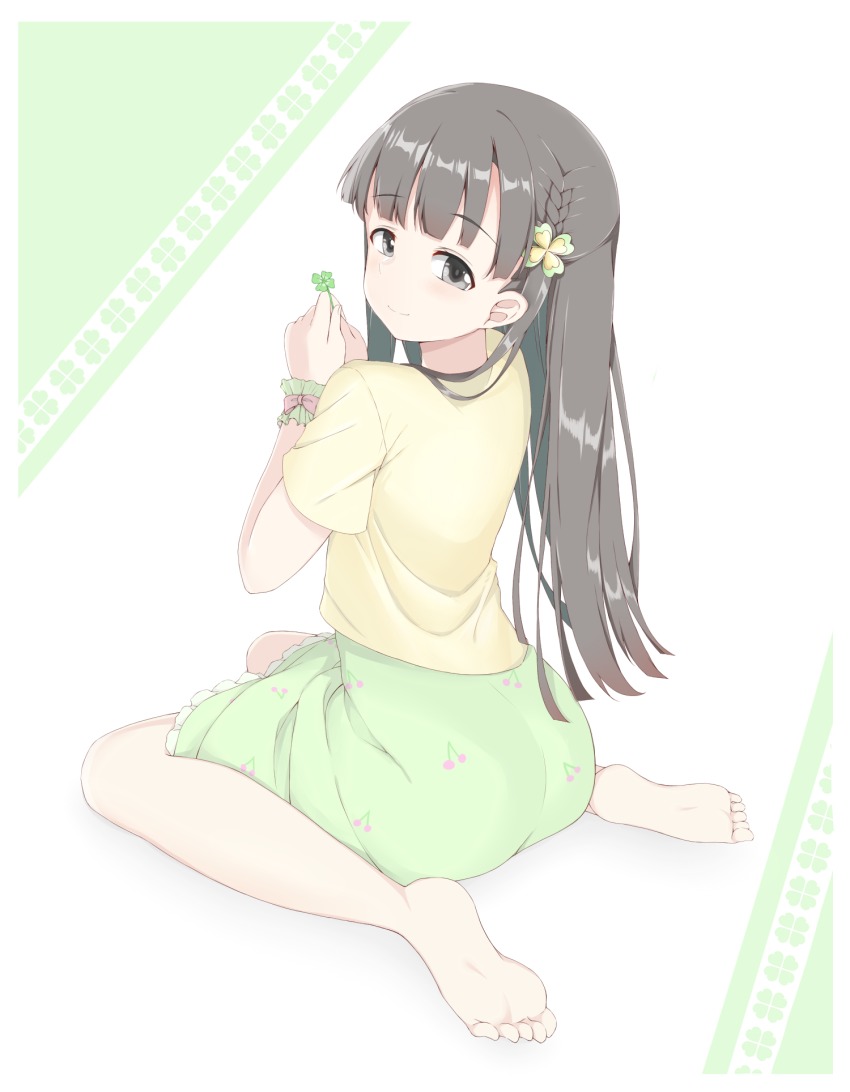 1girl, bad_id, bad_pixiv_id, barefoot, black_eyes, black_hair, blush, clover, feet, female_focus, flower, four-leaf_clover, green_background, hair_flower, hair_ornament, highres, idolmaster, idolmaster_cinderella_girls, kobayakawa_sae, long_hair, looking_back, nabu_(xday), simple_background, sitting, smile, soles, solo, toes, wariza, white_background