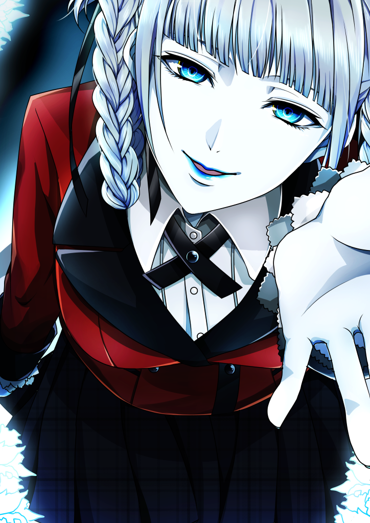 1girl, aqua_eyes, aqua_lips, arm_at_side, arm_up, black_ribbon, black_skirt, blazer, blue_eyes, blue_lips, blue_nails, blunt_bangs, braid, braided_hair_rings, breasts, buttons, commentary_request, dress_shirt, eyepatch, female_focus, frilled_sleeves, frills, hair_rings, half-closed_eyes, hime_cut, jacket, kakegurui, large_breasts, lipstick, long_sleeves, looking_at_viewer, makeup, miniskirt, momobami_kirari, nail_polish, neck_ribbon, open_mouth, plaid_clothes, plaid_skirt, reaching, reaching_towards_viewer, red_jacket, ribbon, sayvi, school_uniform, shirt, short_hair, sidelocks, silver_hair, skirt, smile, solo, spread_fingers, standing, twin_braids, unmoving_pattern, white_shirt