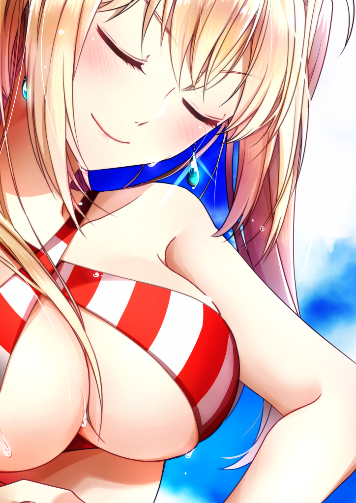 10s, 1girl, bare_arms, bare_shoulders, bikini, blonde_hair, blue_sky, breast_hold