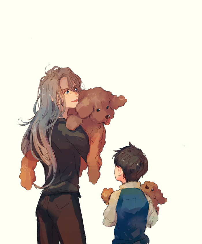 10s, 2boys, aged_down, black_hair, blue_eyes, carrying, child, dog