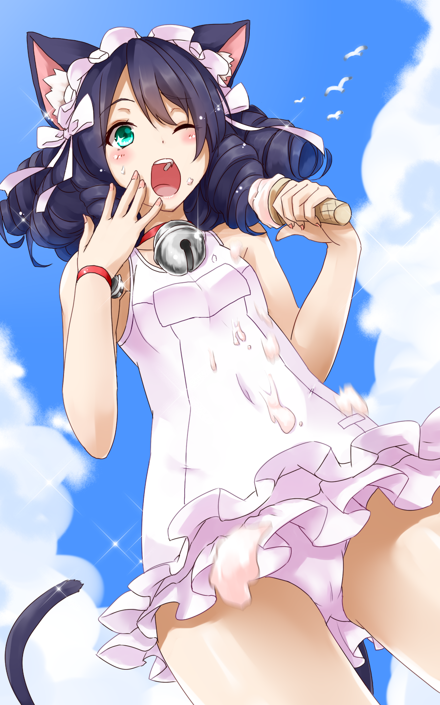 10s, 1girl, animal_ears, bell, black_hair, cat_ears, cat_tail, cloud