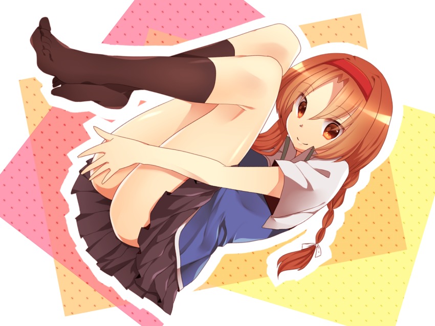 1girl, blush, bow, braid, breasts, brown_eyes, brown_hair, d-frag!, female_focus, hair_bow, hairband, large_breasts, long_hair, sakura_hazuki, school_uniform, single_braid, skirt, solo, takao_(d-frag!)