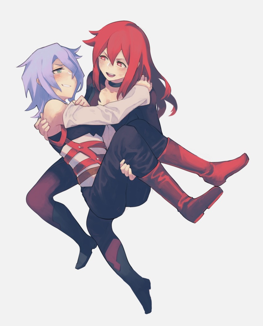 10s, 2girls, :d, alternate_hairstyle, black_neckwear, black_pants, boots, carrying