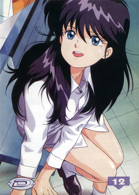1980s_(style), 1girl, ayukawa_madoka, black_hair, blouse, blue_eyes, female_focus, from_above