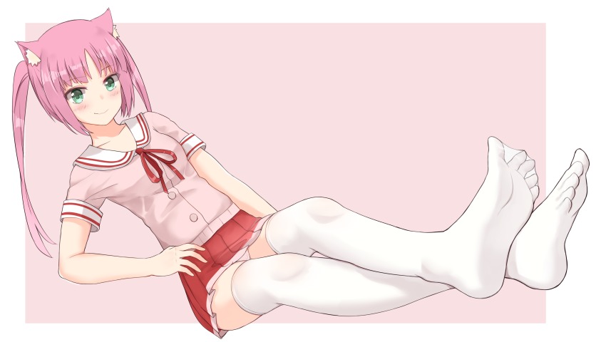 1girl, absurdres, animal_ears, blush, cat_ears, ero_mang-a, fang, feet, female_focus, foot_focus, full_body, green_eyes, hand_on_own_hip, highres, looking_at_viewer, miniskirt, no_shoes, panties, pantyshot, personification, pink_hair, pink_panties, pleated_skirt, red_skirt, ribbon, saiga-12_(upotte!!), school_uniform, serafuku, sitting, skirt, smile, soles, solo, thighhighs, toes, underwear, upotte!!, white_thighhighs, zettai_ryouiki
