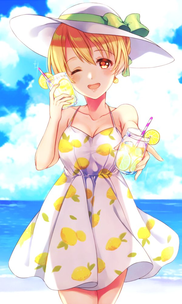 1girl, ;d, blonde_hair, bow, cloud, collarbone, cowboy_shot, cup