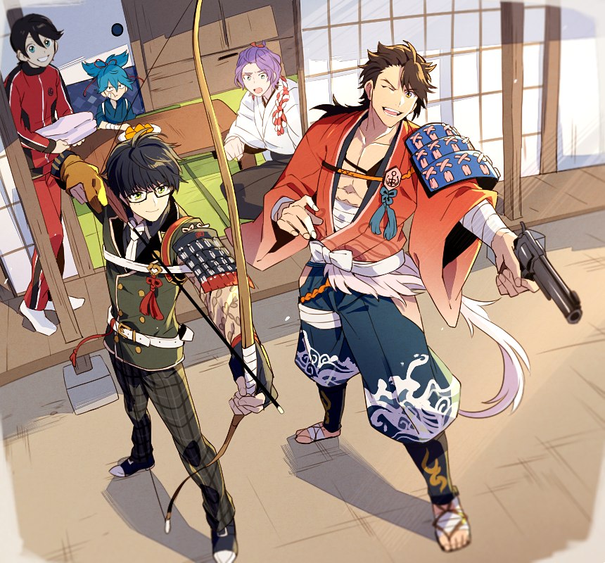 10s, 5boys, aiming, arrow_(projectile), black_hair, blue_hair, bow_(weapon), brown_hair, drawing_bow, glasses, gun, handgun, holding, holding_bow_(weapon), holding_weapon, horikawa_kunihiro, kasen_kanesada, kotegiri_gou, male_focus, multiple_boys, mutsu-no-kami_yoshiyuki, one_eye_closed, pistol, purple_hair, sayo_samonji, short_hair, shouji, sliding_doors, t_k_g, touken_ranbu, weapon