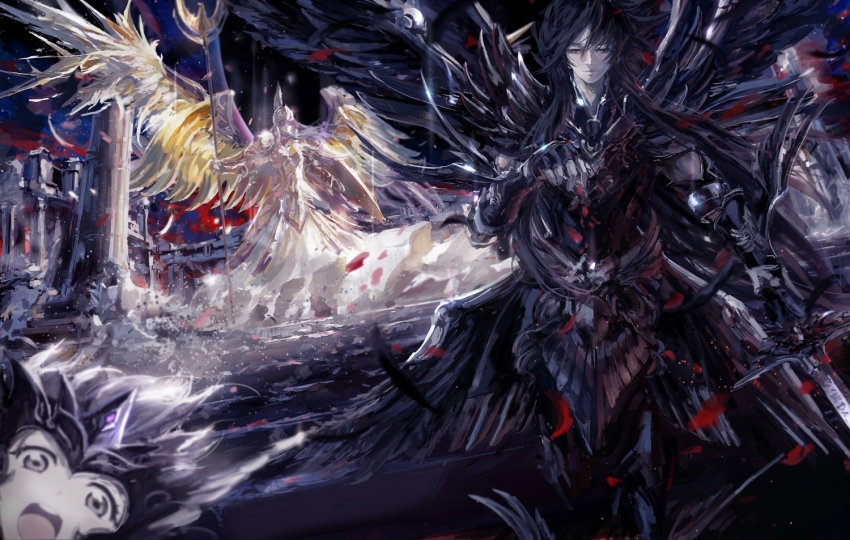 1girl, 2boys, armor, athena, black_hair, chibi, epic, full_armor