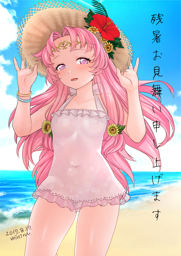 adjusting_clothes, adjusting_headwear, alternate_costume, bad_id, bad_pixiv_id, beach, blue_sky, bracelet