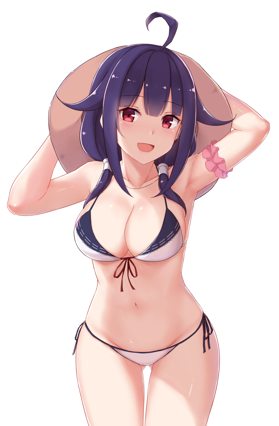 10s, 1girl, ahoge, armpits, arms_up, bikini, blush, breasts, cai_geng, cleavage, collarbone, commentary_request, cowboy_shot, female_focus, front-tie_top, gluteal_fold, hair_flaps, hat, highres, kantai_collection, medium_breasts, navel, open_mouth, purple_hair, red_eyes, simple_background, solo, standing, stomach, swimsuit, taigei_(kancolle), taigei_(swimsuit)_(kancolle), white_background, white_bikini