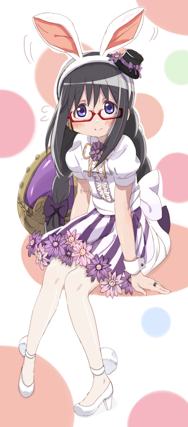 1girl, akemi_homura, animal_ears, arm_support, black_hair, black_hat, blouse, bow