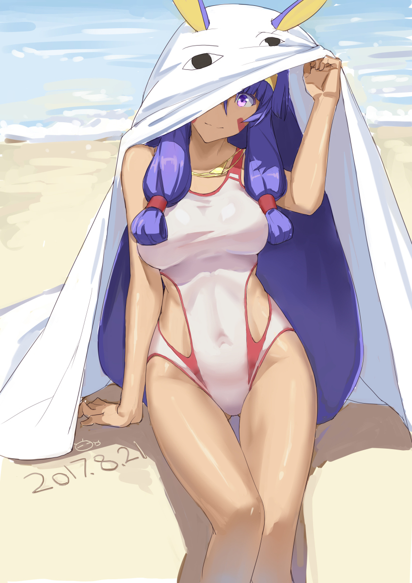 1girl, 2017, absurdres, animal_ears, arm_at_side, bare_legs, barefoot, beach, bed_sheet, blunt_bangs, breasts, chaoxi, closed_mouth, commentary_request, competition_swimsuit, covered_navel, dark-skinned_female, dark_skin, dated, day, fate/grand_order, fate_(series), female_focus, gluteal_fold, hair_between_breasts, hand_up, highres, holding, jackal_ears, jewelry, legs, legs_together, long_hair, looking_at_viewer, low-tied_long_hair, medium_breasts, medjed_(fate), narrow_waist, necklace, nitocris_(fate), nitocris_(fate/grand_order), nitocris_(swimsuit_assassin)_(fate), nitocris_(swimsuit_assassin)_(first_ascension)_(fate), nitocris_(swimsuit_assassin)_(second_ascension)_(fate), ocean, one-piece_swimsuit, outdoors, purple_eyes, purple_hair, sidelocks, sitting, smile, solo, swimsuit, thigh_gap, very_long_hair, white_one-piece_swimsuit