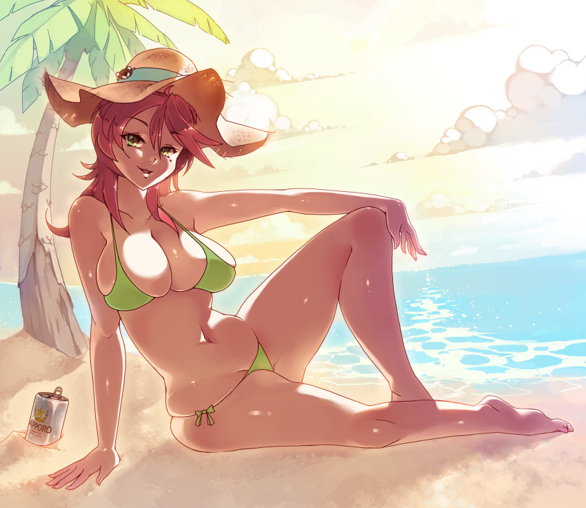 1girl, barefoot, beach, beer_can, bikini, breasts, bursting_breasts, can