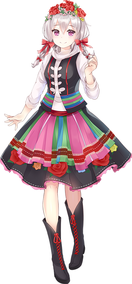 1girl, black_boots, boots, braid, dress, female_focus, flower, full_body, hair_flower, hair_ornament, hair_ribbon, lace-up_boots, malbork_(oshiro_project), official_art, oshiro_project:re, purple_eyes, ribbon, silver_hair, slavic_clothes, smile, solo, taicho128, transparent_background, twin_braids, twintails