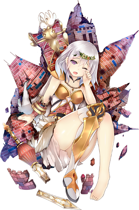 1girl, ;o, armor, barefoot, boots, breastplate, breasts, cleavage, flower, full_body, hair_flower, hair_ornament, hairband, malbork_(oshiro_project), official_art, one_eye_closed, oshiro_project:re, purple_eyes, silver_hair, taicho128, thigh_boots, thighhighs, torn_clothes, transparent_background