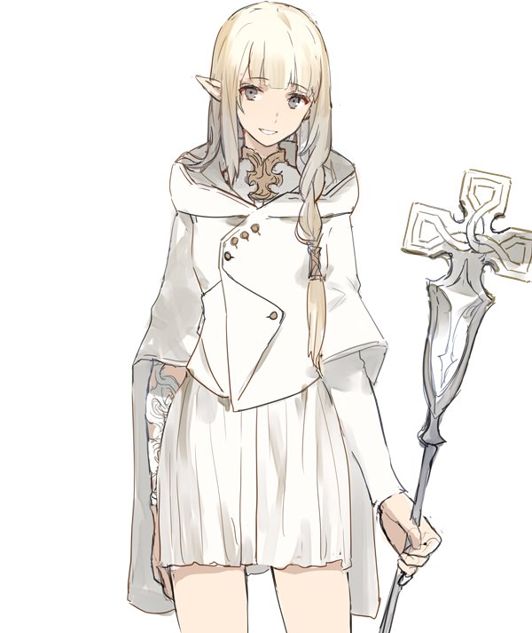 1girl, blonde_hair, bracer, braid, cowboy_shot, dress, elf, female_focus, green_eyes, holding, holding_staff, hood, hooded_jacket, jacket, kawaguchi_(mojacome), looking_at_viewer, original, pleated_dress, pointy_ears, priest, priestess, simple_background, smile, solo, staff, white_background, white_dress, white_jacket
