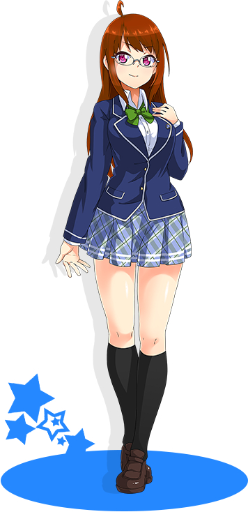 1girl, aozora_under_girls!, blush, brown_hair, dress, female_focus, glasses, kagami_shiho, long_hair, looking_at_viewer, official_art, purple_eyes, school_uniform, smile, solo, standing, star_(symbol)