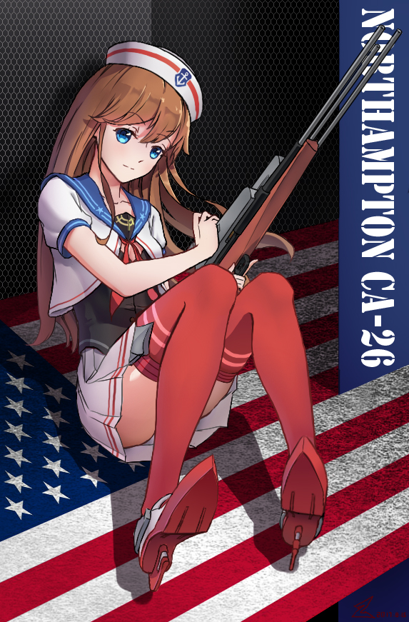 1girl, american_flag, anchor_symbol, aqua_eyes, black_shirt, brown_hair, character_name, closed_mouth, female_focus, gun, hat, holding, holding_gun, holding_weapon, knees_up, light_smile, long_hair, looking_away, neckerchief, northampton_(warship_girls_r), on_ground, panties, pantyshot, pleated_skirt, puffy_short_sleeves, puffy_sleeves, reclining, red_neckerchief, red_thighhighs, rifle, rudder_footwear, sailor_collar, sailor_hat, shadow, shirt, short_sleeves, simple_background, sitting, skirt, solo, star_(symbol), star_print, thighhighs, trigger_discipline, underwear, warship_girls_r, weapon, white_hat, white_panties, white_shirt, white_skirt, yilei