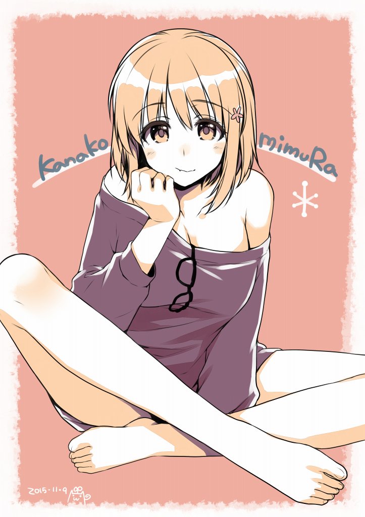 1girl, :t, alpha_(yukai_na_nakamatachi), barefoot, breasts, character_name, cleavage, collarbone