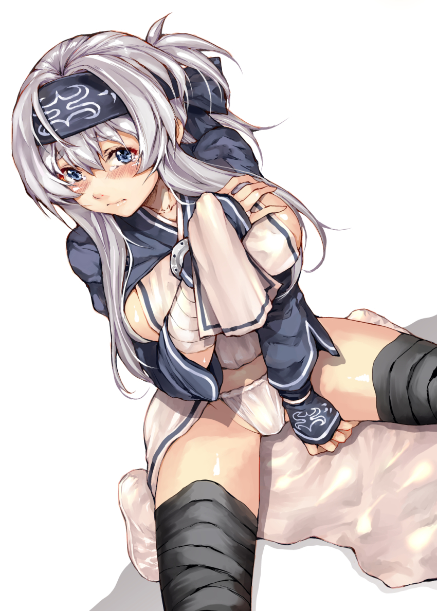 10s, 1girl, ainu_clothes, between_legs, black_thighhighs, blue_eyes, blush, breast_suppress