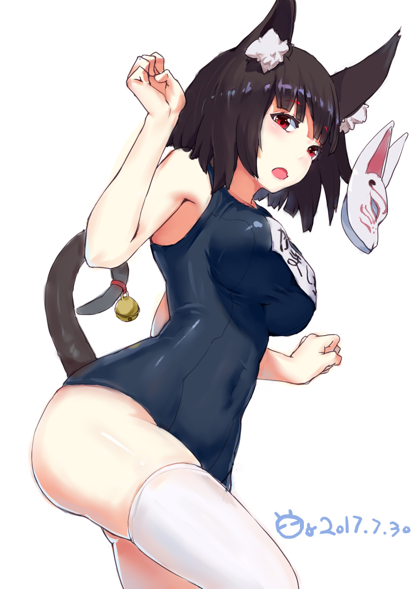 1girl, absurdres, animal_ears, ass, azur_lane, bell, black_hair, blush