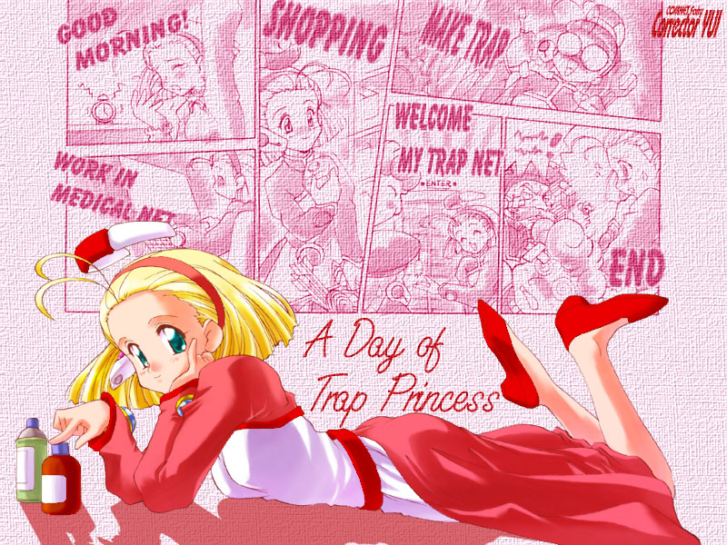 1990s_(style), 1girl, ahoge, blonde_hair, corrector_rescue, corrector_yui, green_eyes, lying, nurse, osamada_meika, shoes